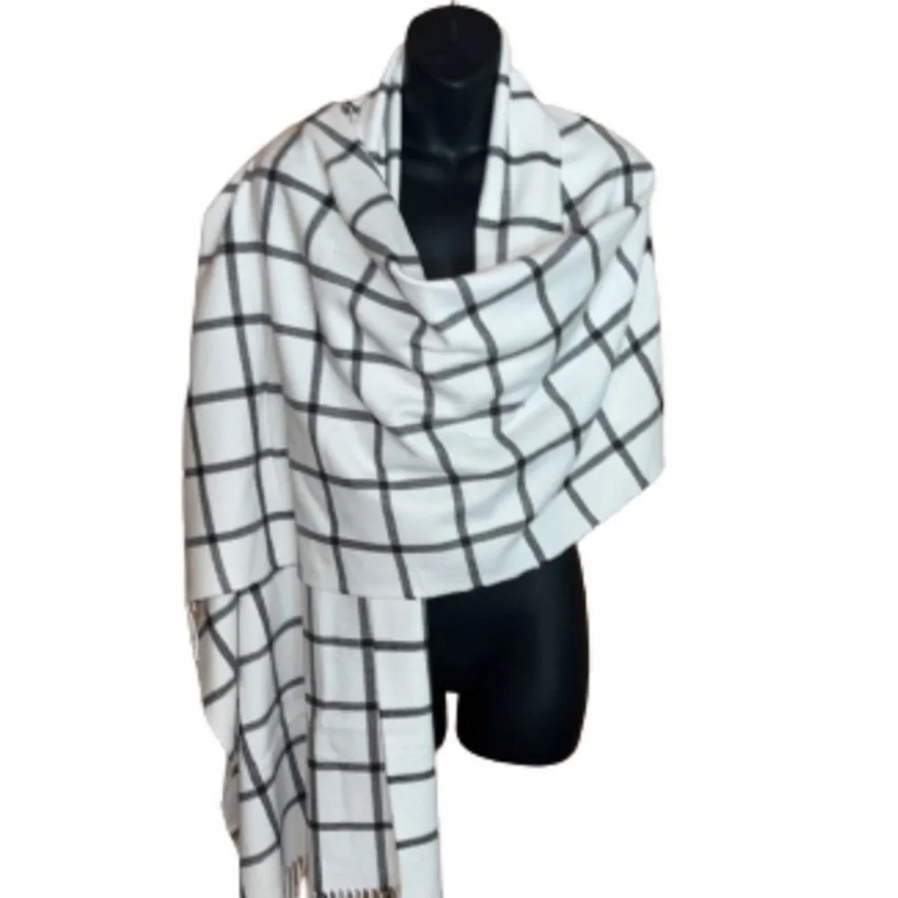 Winter white and black plaid wrap scarf